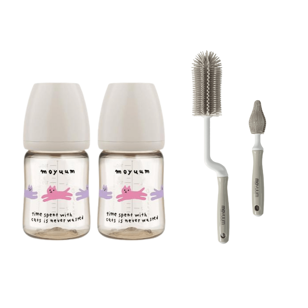 Moyuum PPSU All - in - one Baby Bottle 170ml (0 to 3 Months) Pack of 2 Cat Edition Grey + Brush set Grey - shop_name uae and saudi arab