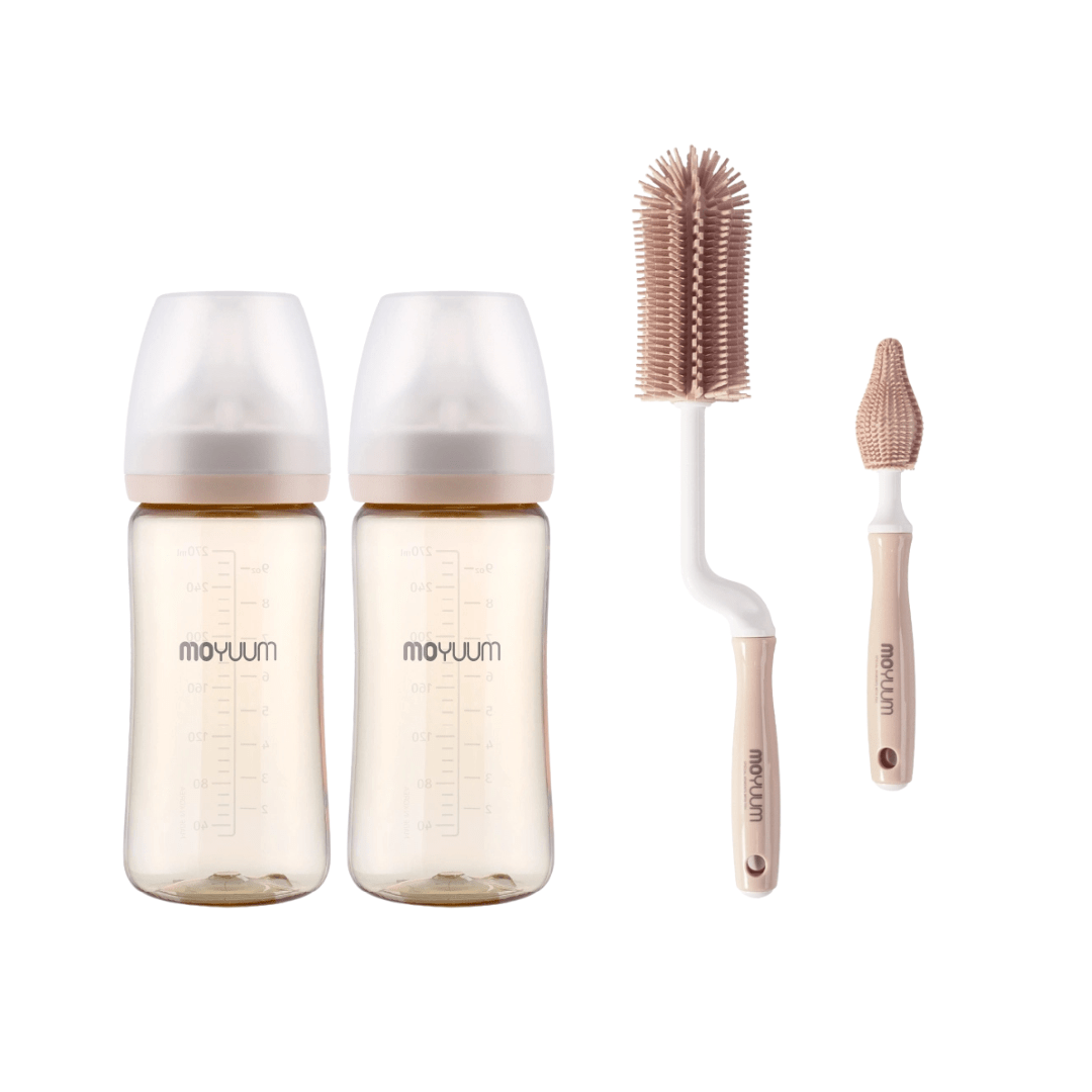 Moyuum PPSU All - in - one Baby Bottle 270ml (3+ Months) Pack of 2 (Basic) + Brush set Coral Beige - shop_name uae and saudi arab