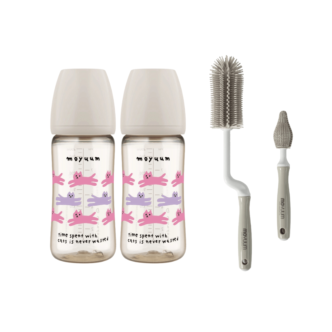 Moyuum PPSU All - in - one Baby Bottle 270ml (3+ Months) Pack of 2 Cat Edition Grey + Brush set Grey - shop_name uae and saudi arab